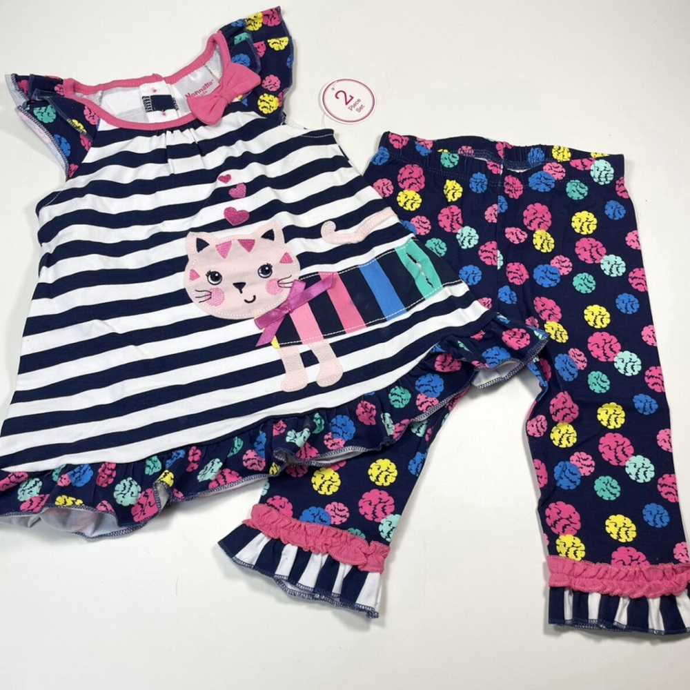 NWT Nannette Cat Peplum Top With Printed Pants Size 3T